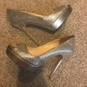 JIMMY CHOO DAHLIA GLITTER PEEP TOE PUMPS 38.5